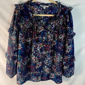Pioneer Woman Blue Floral Peasant Blouse Balloon Sleeve Square Neck Size M Boho